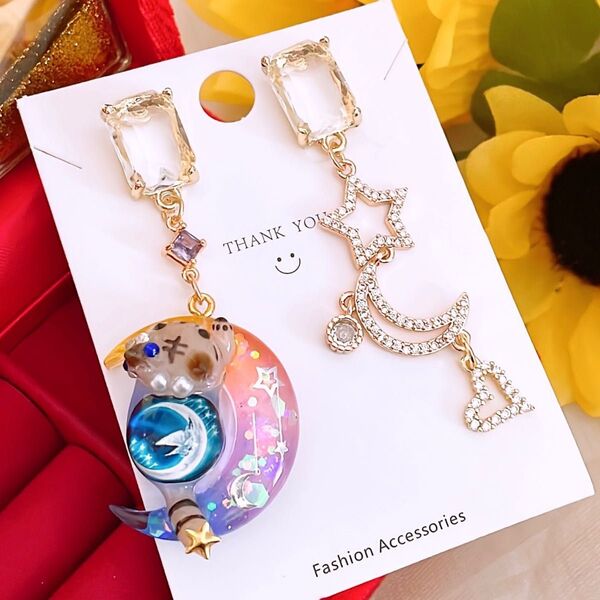 asymmetry 月 星 猫 モチーフ ジルコニア ハンドメイド ピアス イヤリング レディース アクセサリー