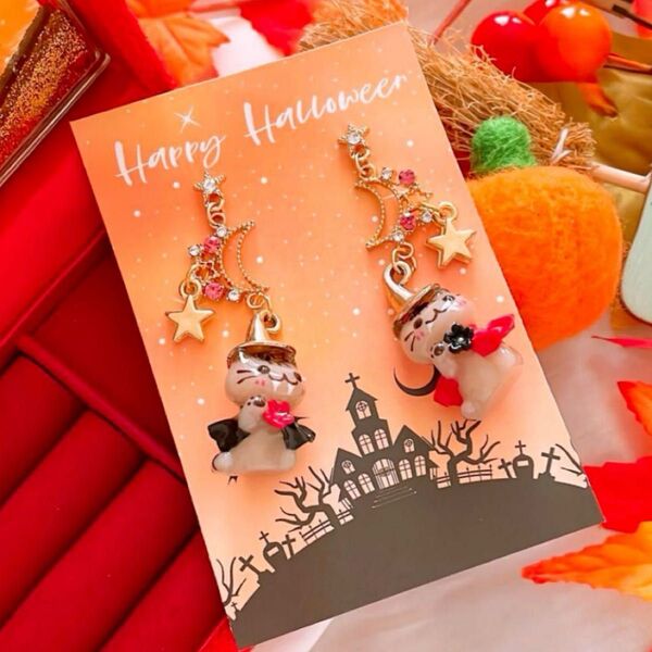数量限定 大人可愛い ハロウィン とんがり帽子 猫 ハンドメイド ピアス イヤリング レディース アクセサリー