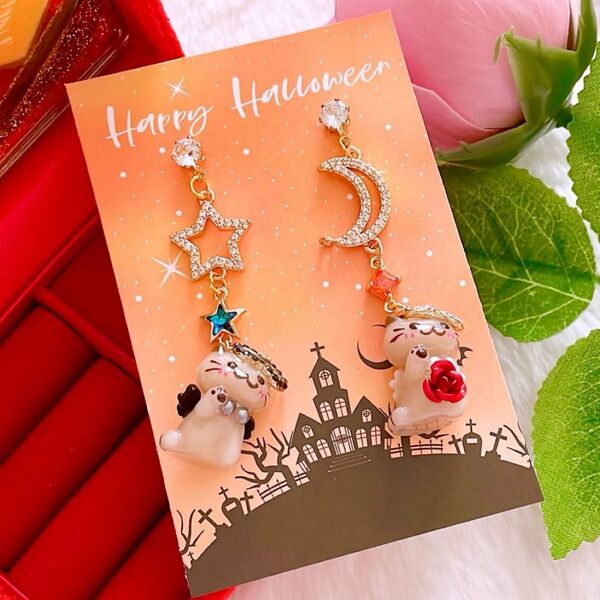 大人可愛い ハロウィン 仮面舞踏会 猫 月 星 ジルコニア ハンドメイド ピアス イヤリング レディース アクセサリー