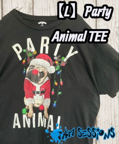 【L】HOLIDAY TIME アニマルTシャツ ブルドッグ サンタ クリスマス パーティドッグ Dog 古着 半袖Tシャツ