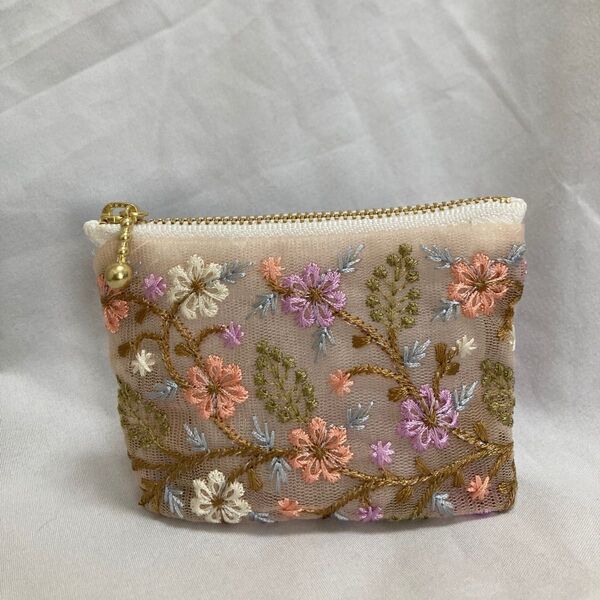 インド刺繍リボン ミニポーチ隠しまち付き ハンドメイド