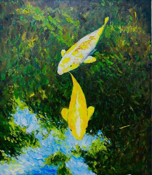 『白と金の鯉』F10 絵画 油彩画 油絵 オリジナル ハンドメイド アート
