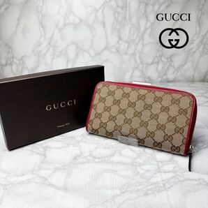 01 美品 GUCCI グッチ ラウンドファスナー 長財布 GG キャンバス