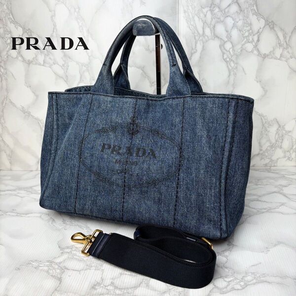 032 極美品 PRADA プラダ カナパ 2WAY デニム ハンドバッグ ショルダーバッグ 三角ロゴ M
