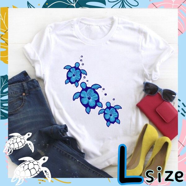 ホヌのハワイアンTシャツ L フラダンス 海亀 可愛い リゾート 夏 青