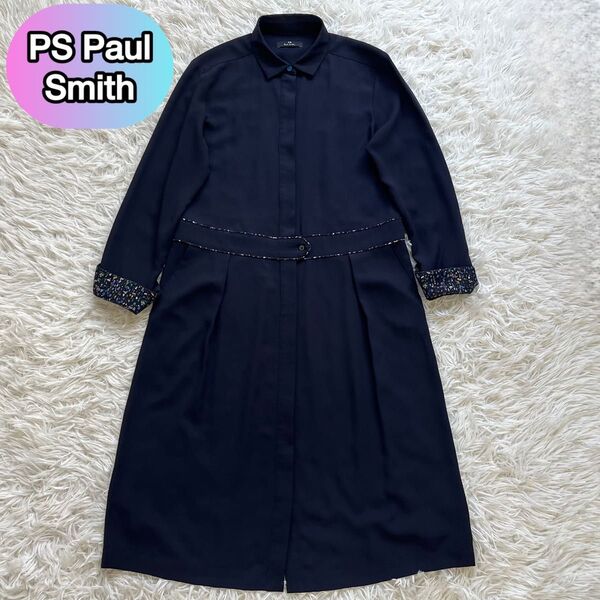PS ポールスミス 長袖ワンピース 袖切替 ネイビー 膝丈 40 Lサイズ 膝丈 シャツワンピース PS Paul smith