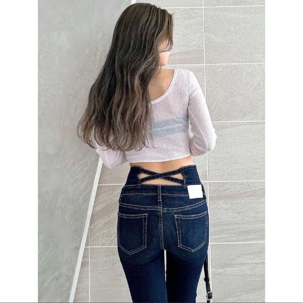 GYDA ジェイダ ハイウエストクロススキニーデニムパンツ