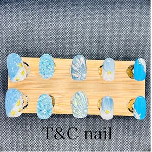 ジェルネイルチップ シェルネイル ぷっくりネイル バカンス 海ネイル 夏ネイル 推しカラー ブルー スカイブルー 15368