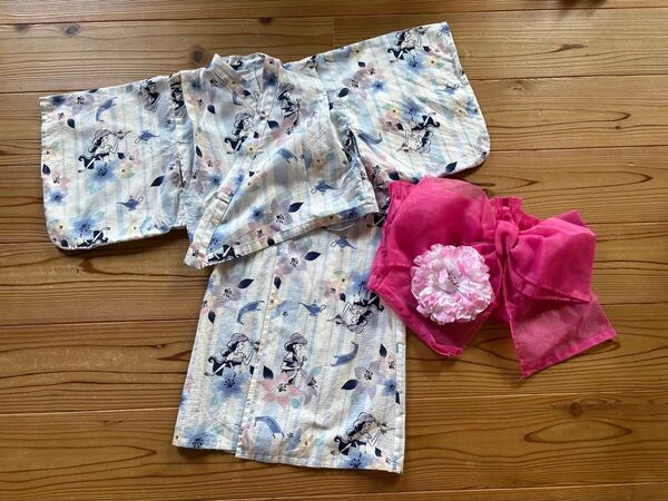 美品★ディズニー ジャスミン 浴衣 髪飾りセット 100 おまけ付 女の子 正絹 浴衣 花柄
