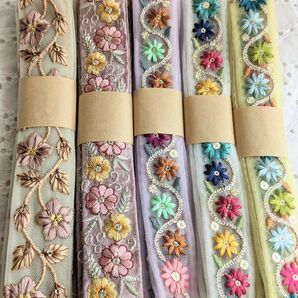 インド刺繍リボン 1.5m×5本セット アクセサリー ストラップ ハンドメイド資材などに
