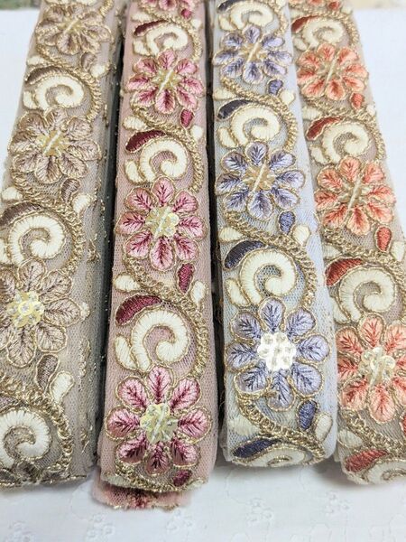 インド刺繍リボン 1.5m×4本セット アクセサリー ポーチ ストラップなどハンドメイド資材に