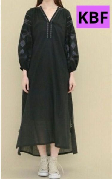 KBF 刺繍エスニックワンピース 黒 ケービーエフ ギャザーパフ ロング丈 ロング 七分袖