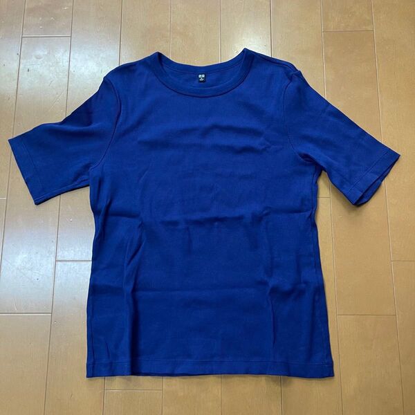 UNIQLO リブクルーネックT 5分袖 ネイビー XL Tシャツ クルーネック カットソー トップス