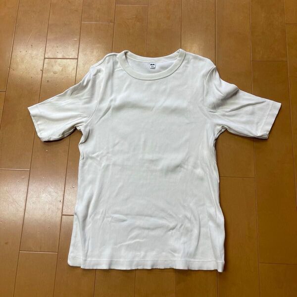 UNIQLO リブクルーネックT 5分袖 オフホワイト L Tシャツ Tシャツ 半袖 カットソー 無地 トップス
