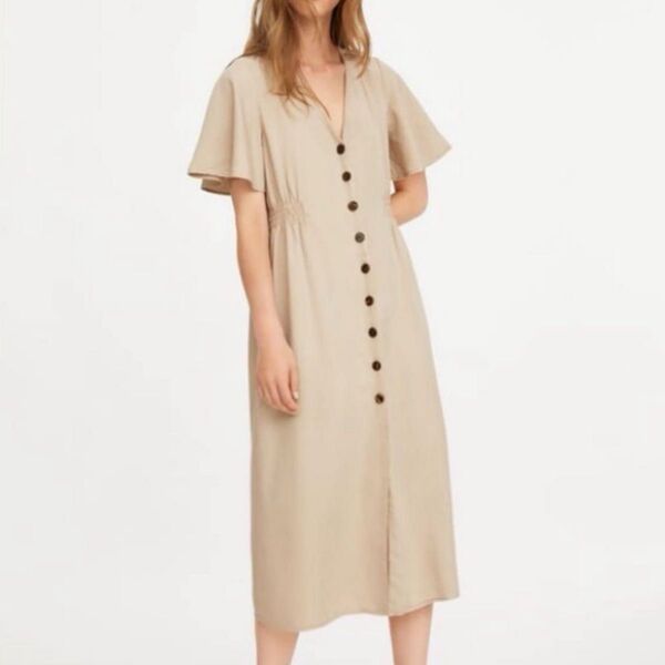 ZARA フレアスリーブ 羽織 Vネック ザラ ワンピース ロングワンピース ベージュ XS