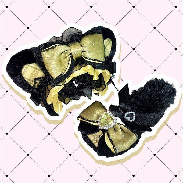 【No.A254 イエロー×黒】猫 10cm ぬい服 ぱペっと ヘッドドレス スタイ 猫さんしっぽ付き