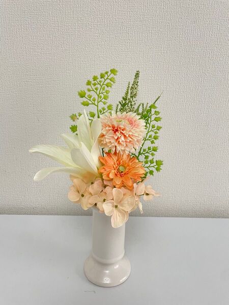 お供え花 花器無し アートフラワー仏花 一基限定品 ソフトオレンジ お盆 お供え