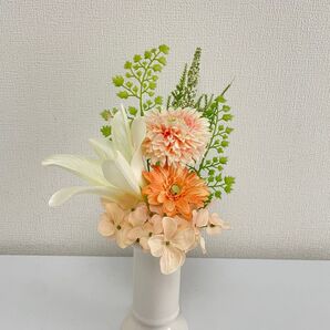 お供え花 花器無し アートフラワー仏花 一基限定品 ソフトオレンジ お盆 お供え