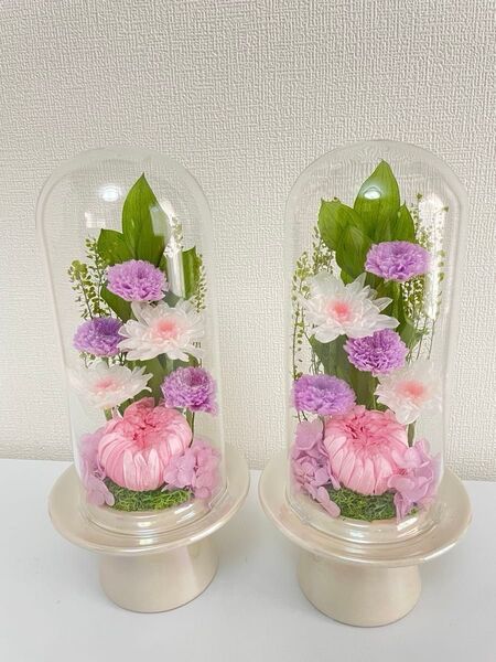 プリザーブドフラワー仏花 ガラスドーム入 一対 ベイビーピンク お盆 お供え