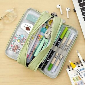 両面開き 大容量 ペンケース 筆箱 多機能 化粧ポーチ 学生社会人用抹茶グリーン