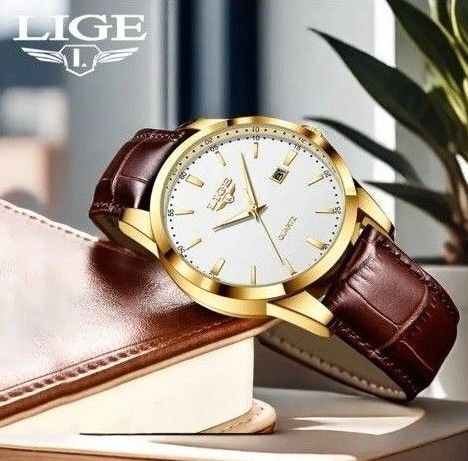 メンズ腕時計 アナログ 男女兼用 新品未使用 LIGE ラグジュアリーウォッチ 30M防水 ゴールド&ホワイト 皮レザーバンド