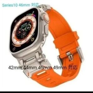 Apple watch バンド アップルウォッチ ベルト チタンメタルヘッド シリコン 42 44 45 46 49mm オレンジ