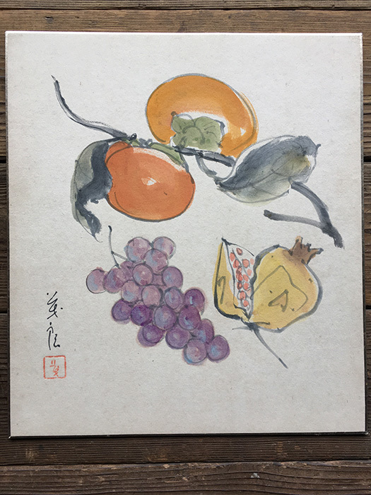 Colored paper painting of persimmon, grapes, figs, pomegranate, used, antique, painting, autumn, inscribed, 20.07.05-7., Artwork, Painting, others