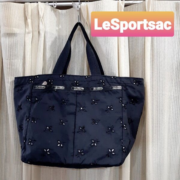 LeSportsac レスポートサック 刺繍トートバッグ 黒 ブラック レース 透かし ハンドバッグ マチ広 大容量 ファスナー