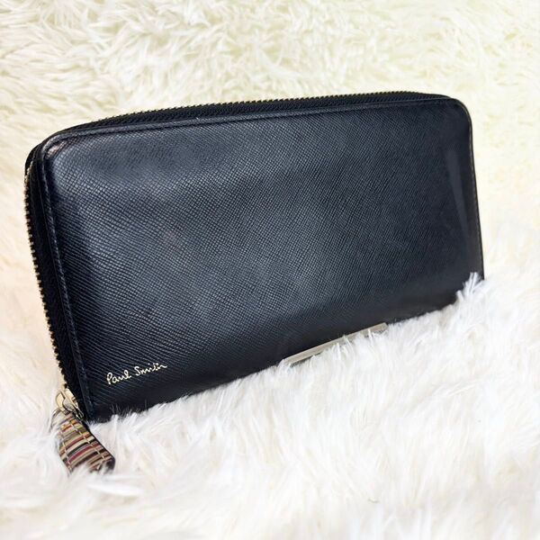 【美品】ポールスミス 長財布 ラウンドファスナー ジップストローグレイン Paul Smith ブラック 黒 レザー 革