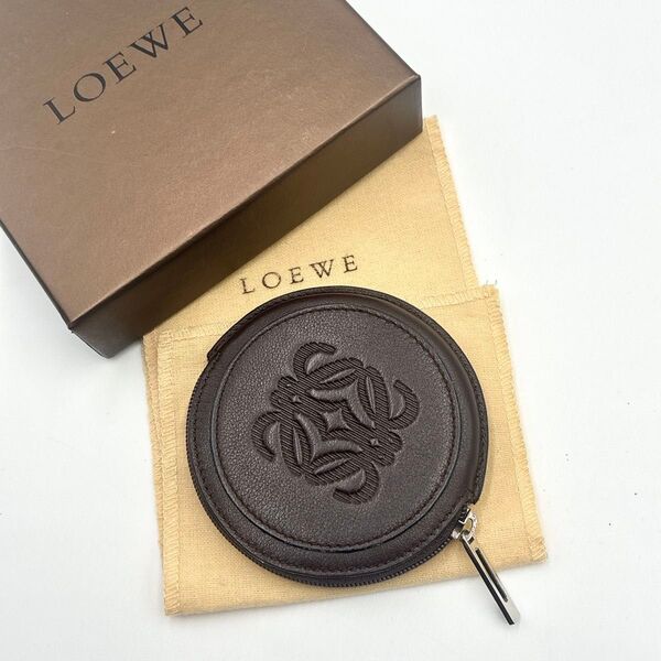 極美品 LOEWE ロエベ アナグラム スエード×レザー 丸型 コインケース 茶 ブラウン