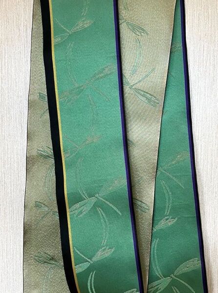 金色のトンボ柄 浴衣帯 半幅帯 単衣帯 緑 グリーン 平成レトロ 90年代 蜻蛉