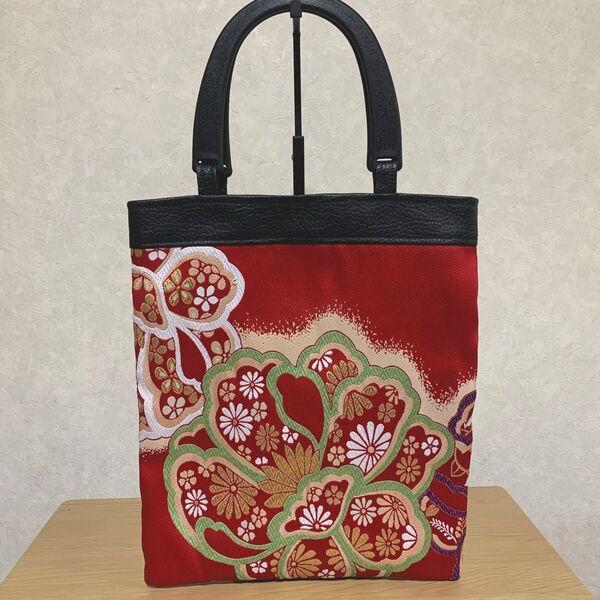 帯リメイクバッグ 花柄 マチなしトートバッグ 手提げバッグ