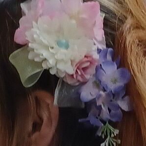 ハンドメイド髪飾り ヘアアクセサリー&コサージュ ピンク 白紫 和洋服結婚式入学式卒業式夏祭り浴衣花火大会デート