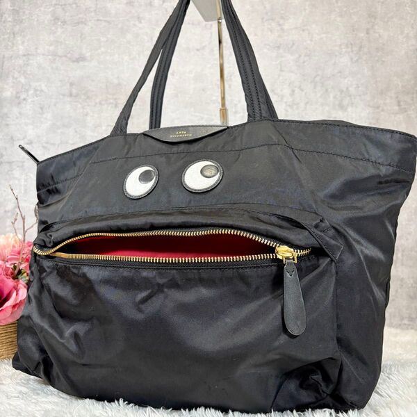 【定番】 アニヤハインドマーチ PHOTO トートバッグ 黒 顔 目 ナイロン ハンドバッグ ブラック バッグ レザー
