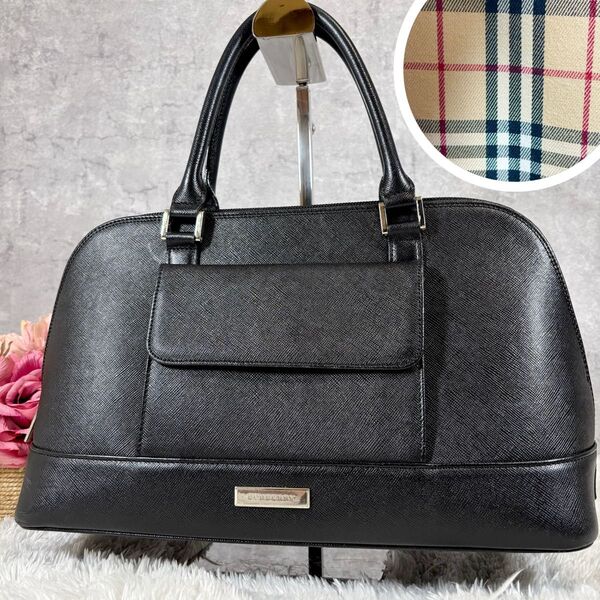 【美品】 バーバリー トートバッグ 黒 フォーマル ノバチェック 黒 レザー ハンドバッグ ブラウン BURBERRY 冠婚葬祭