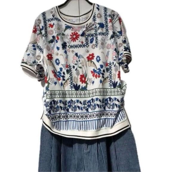 新品タグ付き半袖カットソーポリで楽々1枚でお洒落に!ホワイト透け感大丈夫サイズフリーリブポイントが可愛いラフに大人カジュアル系