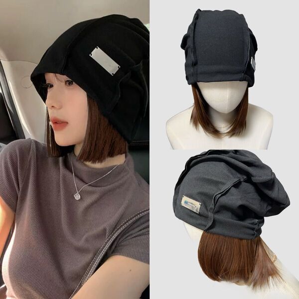 新品未使用帽子ウィッグ一体化タイプライトブラウンかぶるだけネット付20cm