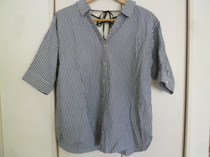 JEANA SIS/ Jeanasis 0 gray × white length stripe back race up Skipper both V neck shirt F/ short sleeves 0T73