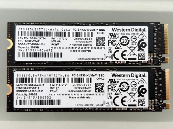 二個セット WD PC SN730 NVMe SSD 256G PCIe Gen3 M.2 2280 SDBQNTY 未使用に近い