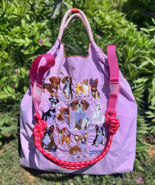 ショルダーベルト付き トートバッグ エコバッグ ハンドバッグ かわいい コンパクト ボールアンドチェーン 犬 柴犬 刺繍 人気