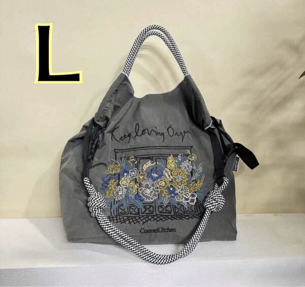 ショルダーベルト付 トートバッグ ボールアンドチェーン 花柄 グレー エコバッグ Lサイズ 大容量 大きめ ナイロン 刺繍 旅行