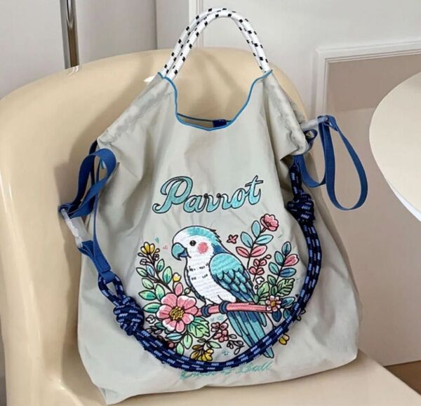 ショルダーベルト付 トートバッグ エコバッグ ナイロン ボールアンドチェーン 鳥 インコ オウム バード 刺繍 オシャレ 大容量