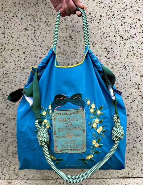 トートバッグ エコバッグ おしゃれ ボールアンドチェーン ショルダーベルト付 大容量 折りたたみ ブルー 青 刺繍 人気 夏
