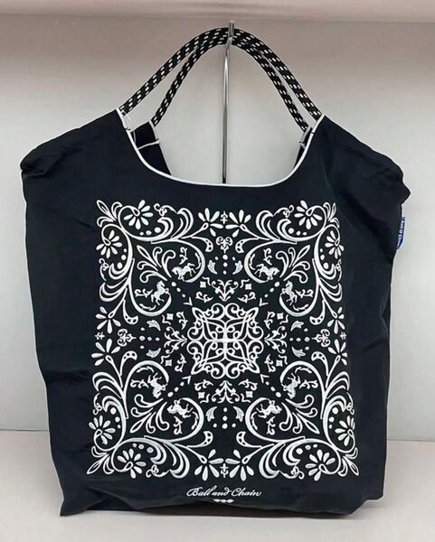 トートバッグ エコバッグ ボールアンドチェーン バンダナ柄 黒 ブラック 軽量 刺繍 レディース ナイロンバッグ 軽い オシャレ
