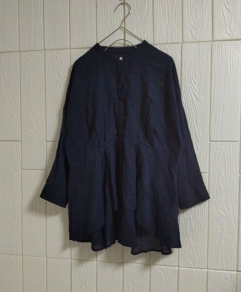 MELROSE CLAIRE シアー ペプラム シャツ ブラウス リネン コットン ネイビー M相当 メルローズクレール