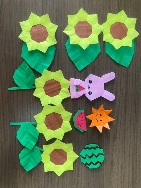 折り紙 夏 ひまわり うさぎ スイカ 太陽おまけ付き 壁面飾り ハンドメイド リース 病院掲示板 保育園 幼稚園 施設 児童館