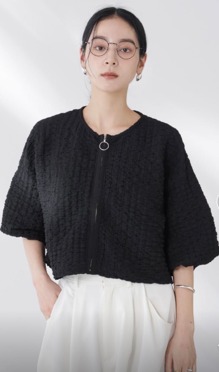 新品未使用　NANO universe ナノ・ユニバース フクレシャーリングzipカーディガン　ブラック　レディース