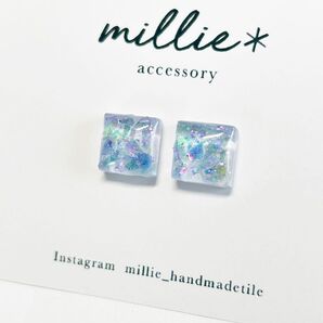 キラキラ クリア ガラス タイルピアス 小さいピアス 小粒 イヤリング タイル パール 夏