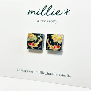 鯉 金魚 浴衣 和風 イヤリング 花 レトロ 着物 タイル フラワー 牡丹 ピアス タイルピアス 小さいピアス