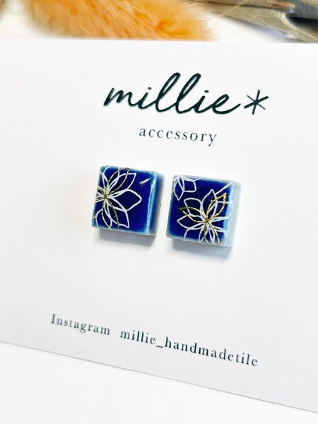 ブルー 花 和風 着物 アンティーク イヤリング タイル ピアス フラワー 浴衣 タイルピアス 小さいピアス